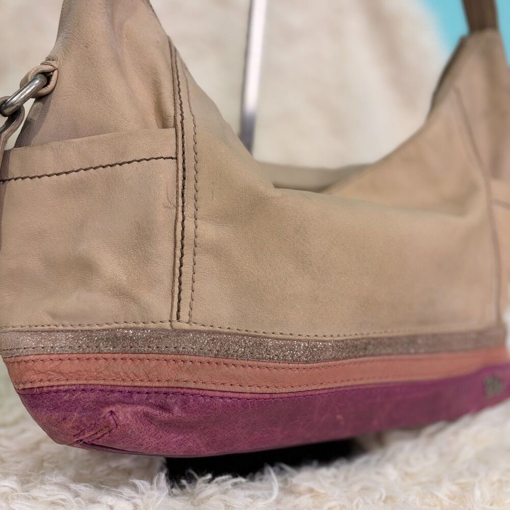 The Sak Leather Shoulder Bag Beige Purple Suede Bottom Stripe Hobo Purse Vintage - Picture 9 of 14